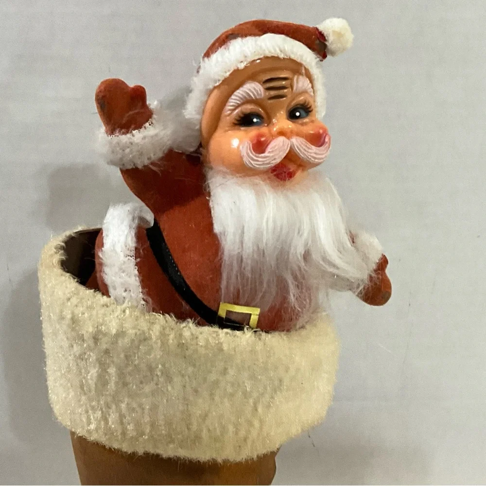 Vintage Christmas Flocked Santa in a Flocked Brown Boot MCM